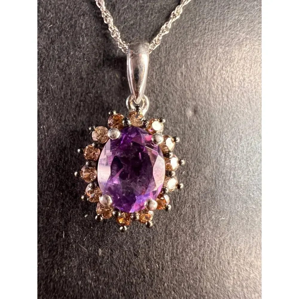 NEW amethyst and brown zircon halo pendant in sterling silver with vintage chain